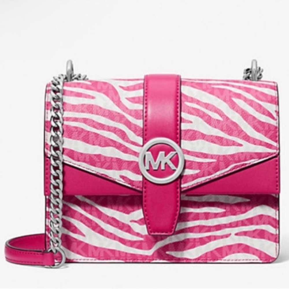 Michael Kors Greenwich Small Pink & White Zebra Print Logo Crossbody Bag NWT